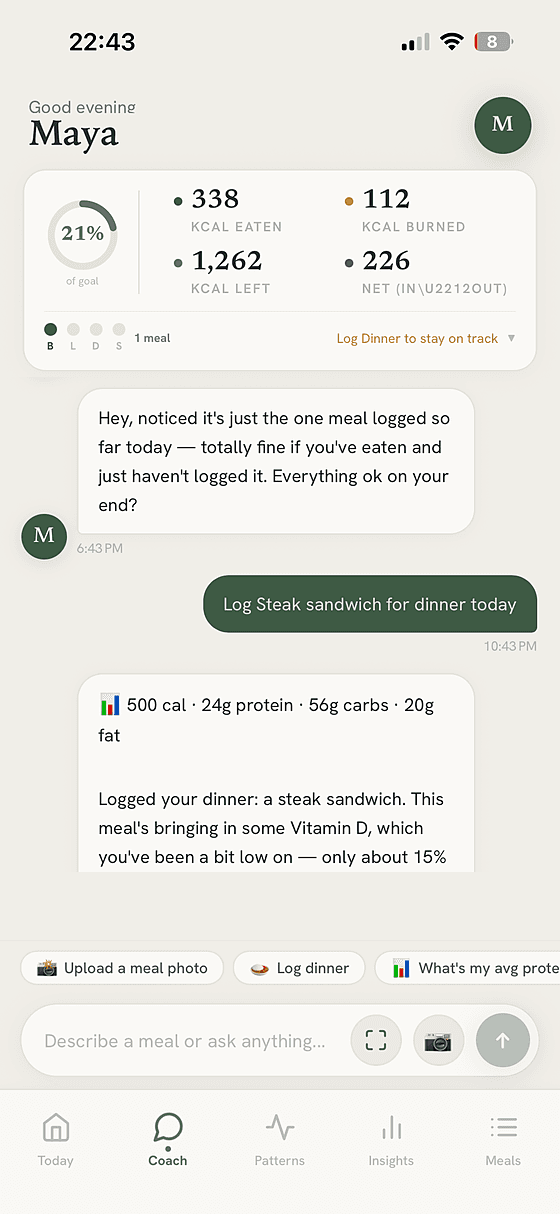 mymir coach chat logging a steak sandwich by text