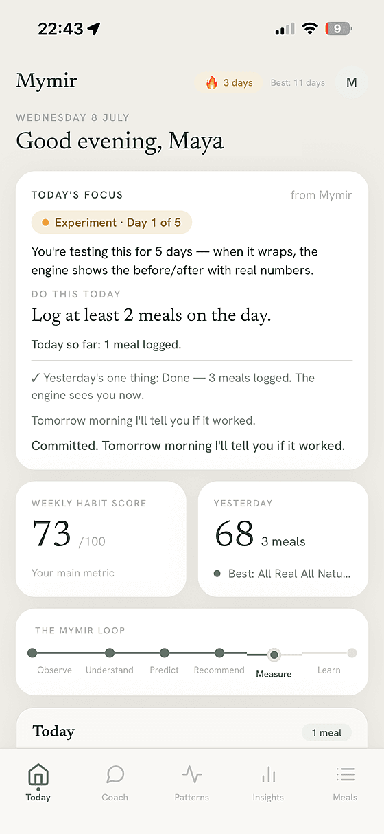 mymir Today screen showing a 5-day experiment and a health score